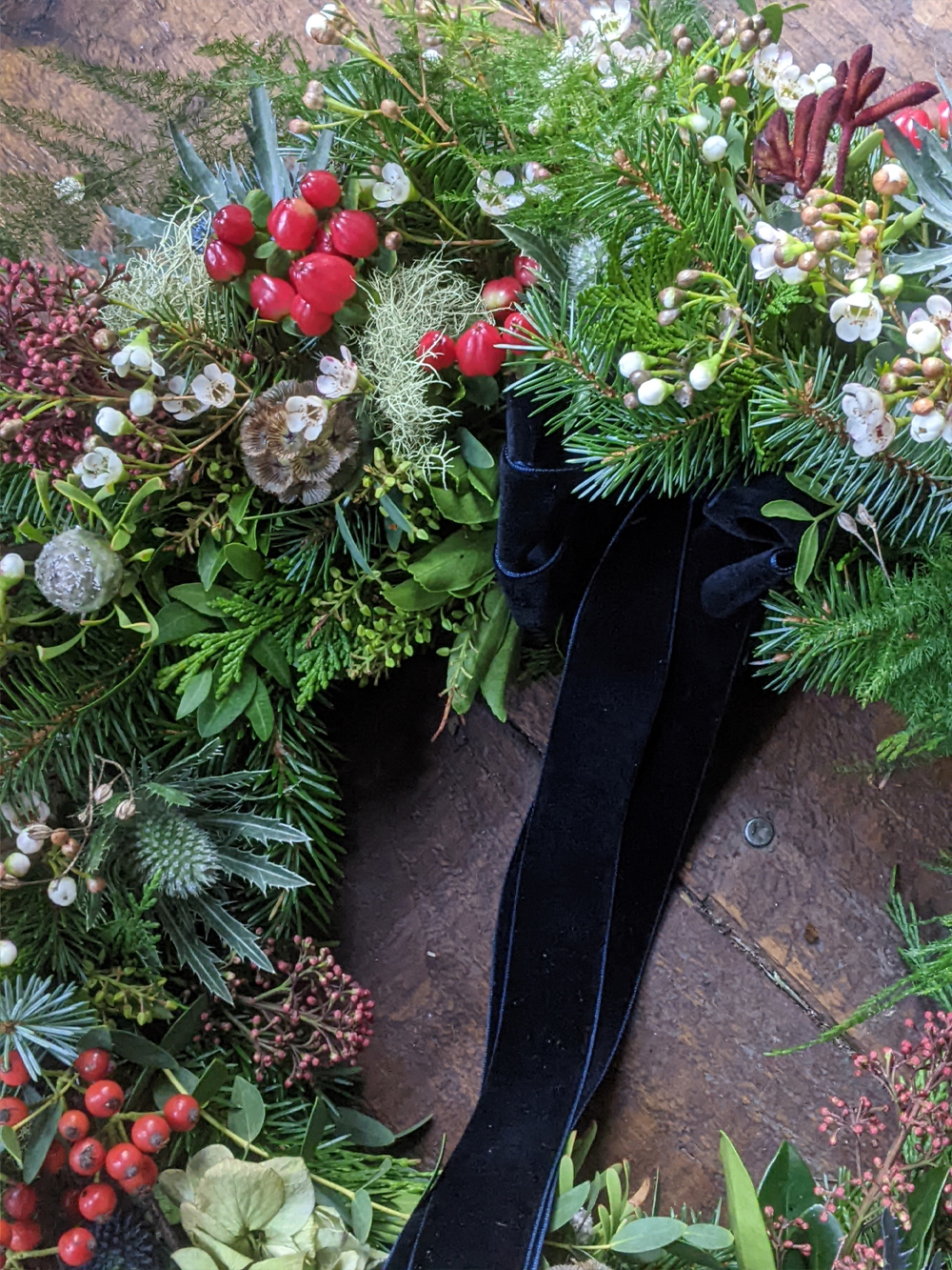 Handmade Christmas Door Wraeth with navy blue velvet ribbon